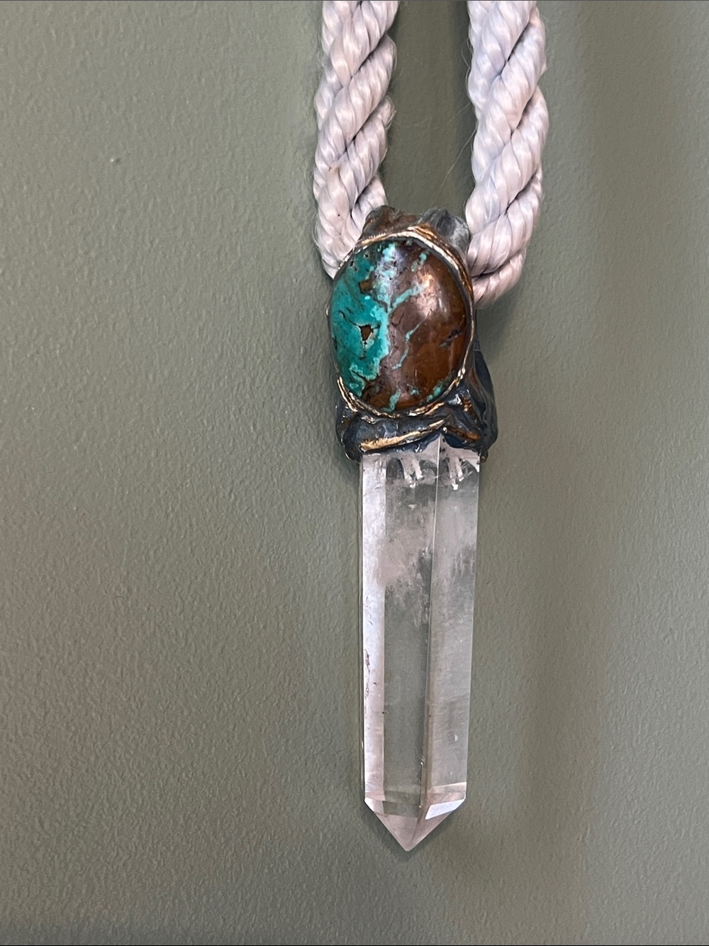Turquoise and Clear Quartz Point Necklace - Blue Green Pendant